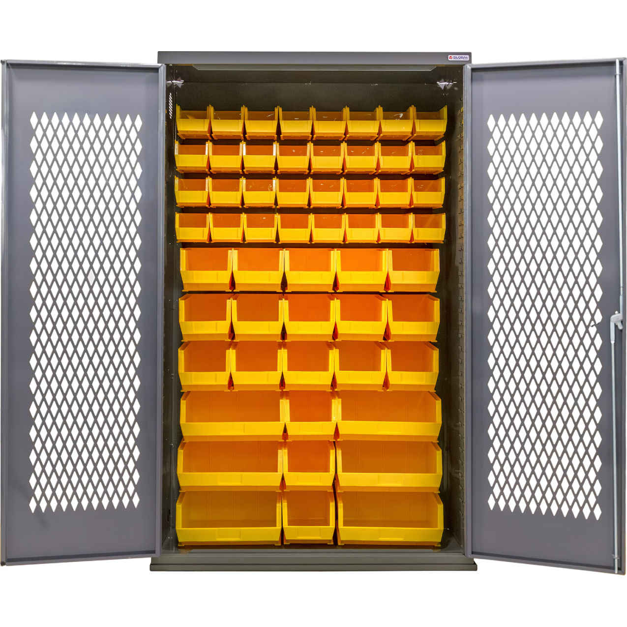 Configurable Ventilated Bin Cabinet, 48"W x 24"D x 78"H, 66 Yellow Bins