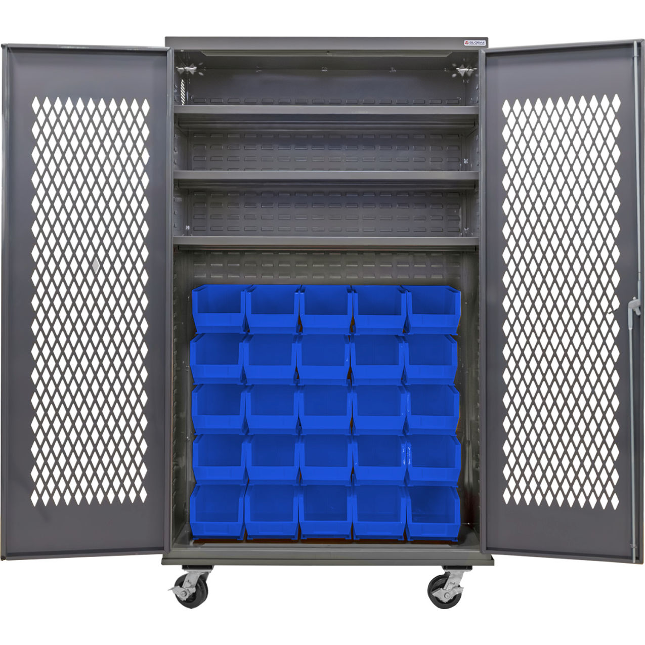 Configurable Ventilated Mobile Bin Cabinet, 48"x24"x85", 3 Shelves, 36 Blue Bins