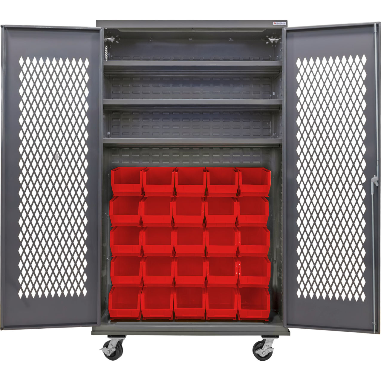 Configurable Ventilated Mobile Bin Cabinet, 48"x24"x85", 3 Shelves, 36 Red Bins