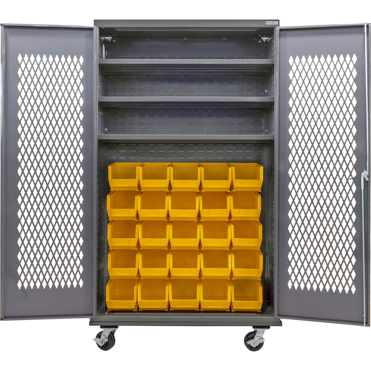 Configurable Ventilated Mobile Bin Cabinet, 48"x24"x85", 3 Shelves, 36 YLW Bins
