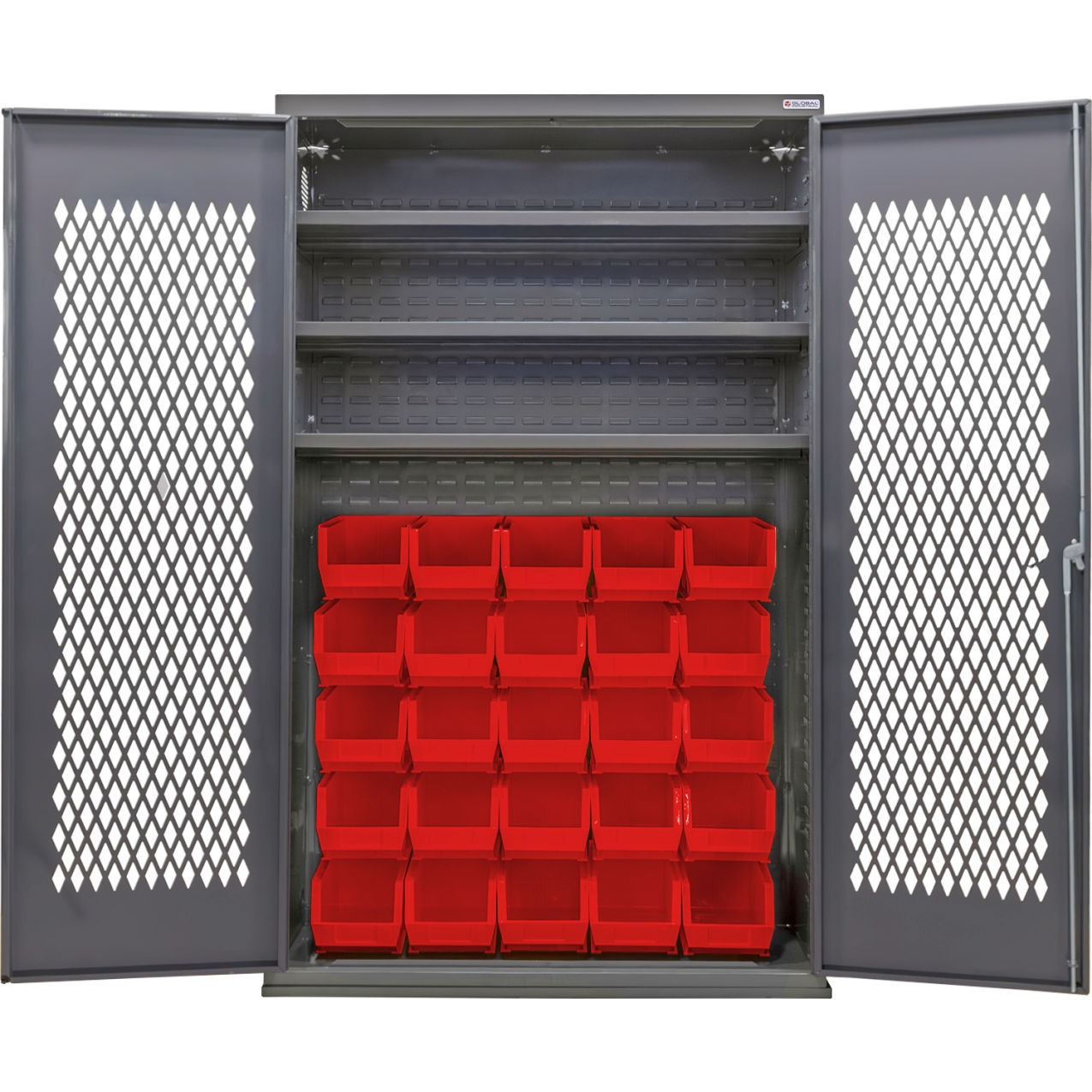 Configurable Ventilated Bin Cabinet, 48"Wx24"Dx78"H, 3 Shelves, 36 Red Bins