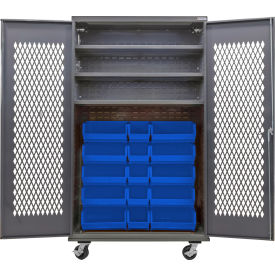 Configurable Ventilated Mobile Bin Cabinet, 48x24x85, 3 Shelves, 24 Blue Bins