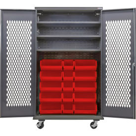 Configurable Ventilated Mobile Bin Cabinet, 48x24x85, 3 Shelves, 24 Red Bins