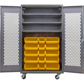 Configurable Ventilated Mobile Bin Cabinet, 48x24x85, 3 Shelves, 24 Yellow Bins