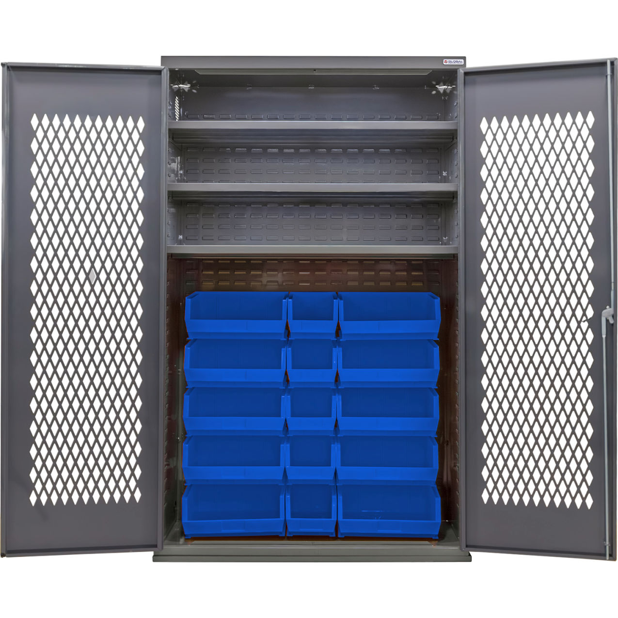 Configurable Ventilated Bin Cabinet, 48"Wx24"Dx78"H, 3 Shelves, 24 Blue Bins