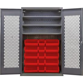 Configurable Ventilated Bin Cabinet, 48"Wx24"Dx78"H, 3 Shelves, 24 Red Bins