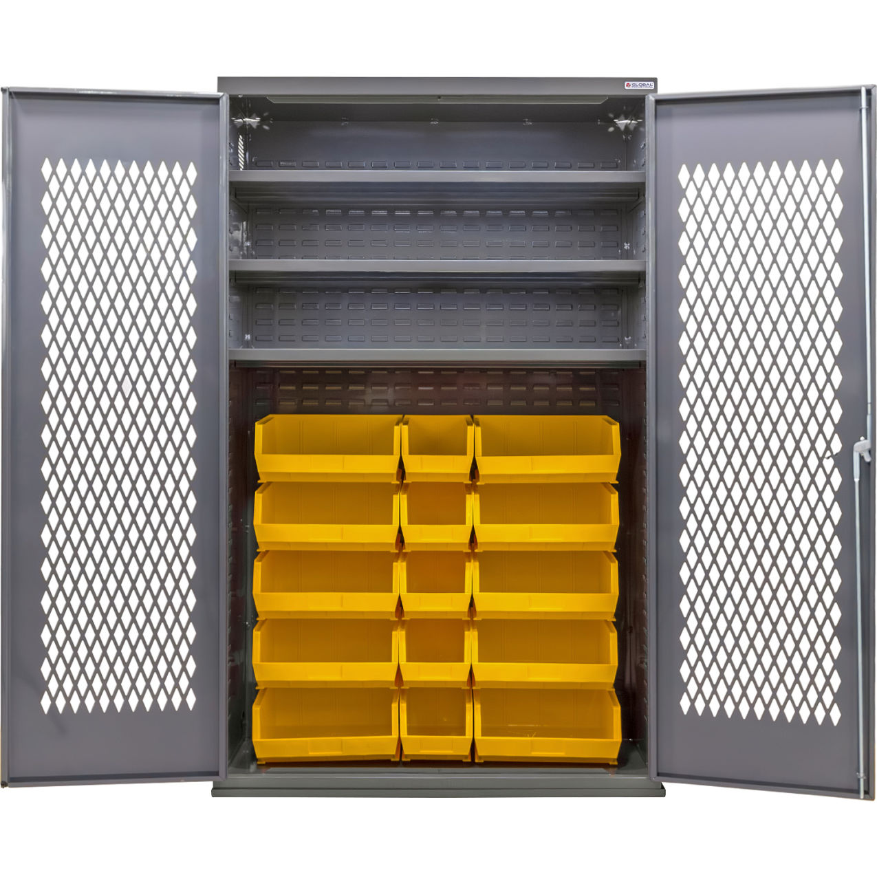 Configurable Ventilated Bin Cabinet, 48"Wx24"Dx78"H, 3 Shelves, 24 Yellow Bins