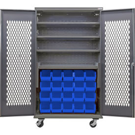 Configurable Ventilated Mobile Bin Cabinet, 48"x24"x85", 4 Shelves, 24 Blue Bins