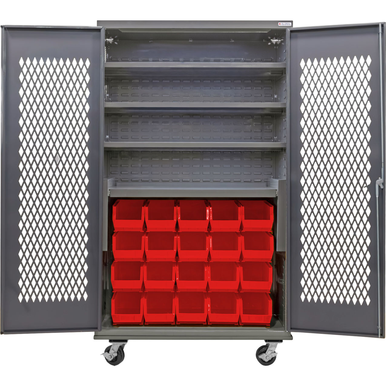 Configurable Ventilated Mobile Bin Cabinet, 48"x24"x85", 4 Shelves, 24 Red Bins