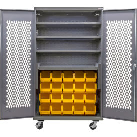 Configurable Ventilated Mobile Bin Cabinet, 48"x24"x85", 4 Shelves, 24 YLW Bins