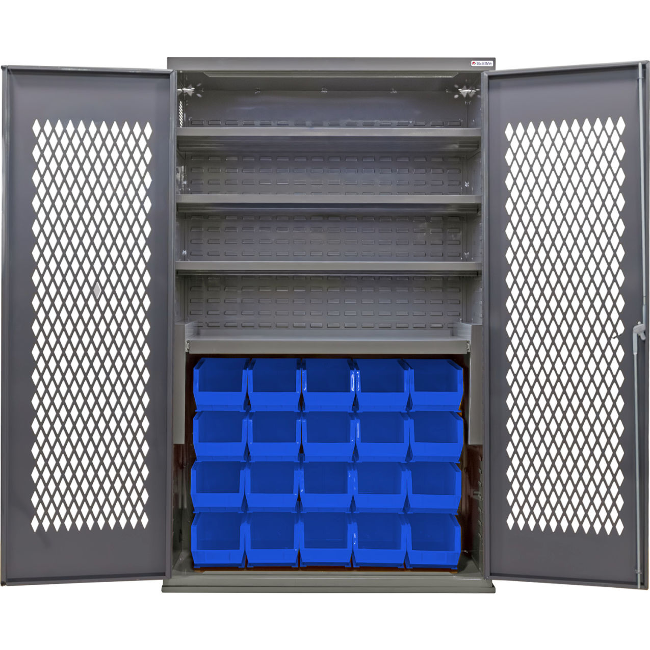 Configurable Ventilated Bin Cabinet, 48"Wx24"Dx78"H, 4 Shelves, 24 Blue Bins