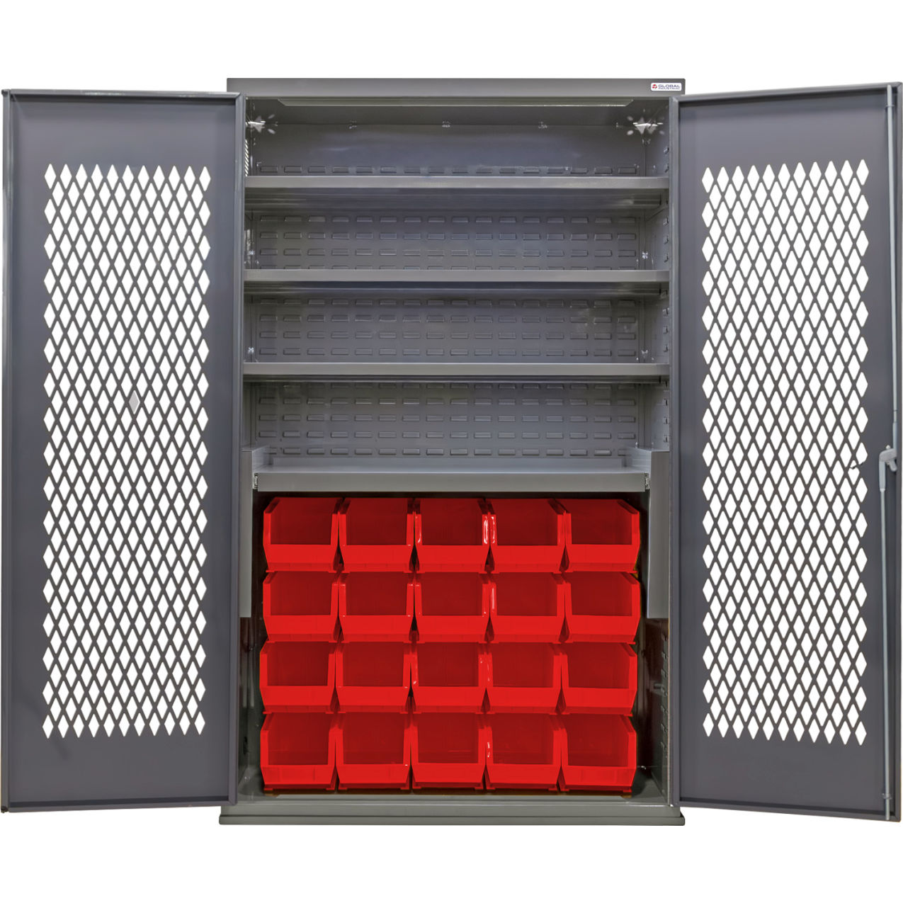 Configurable Ventilated Bin Cabinet, 48"Wx24"Dx78"H, 4 Shelves, 24 Red Bins