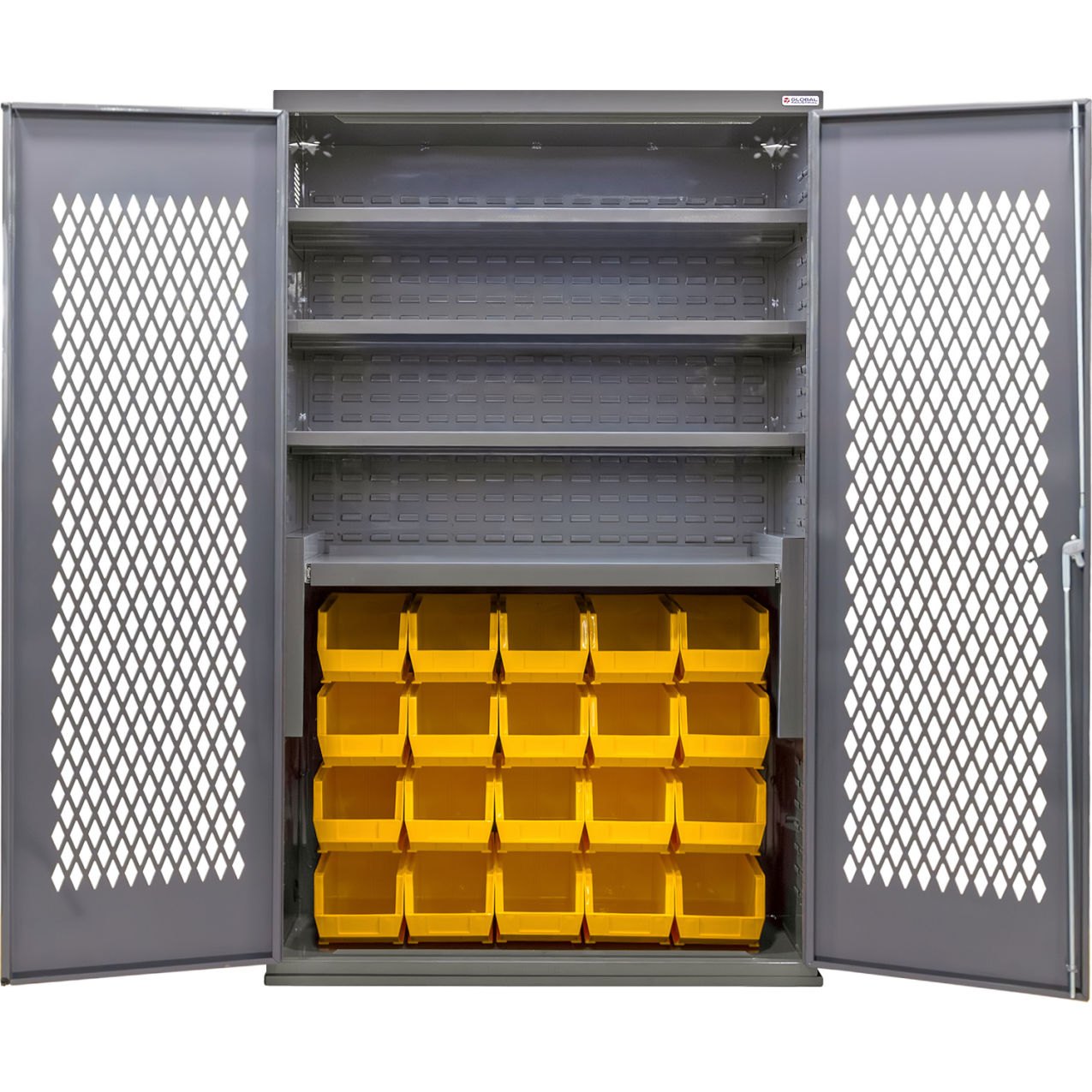 Configurable Ventilated Bin Cabinet, 48"Wx24"Dx78"H, 4 Shelves, 24 Yellow Bins