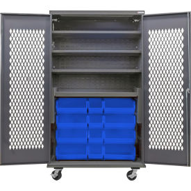 Configurable Ventilated Mobile Bin Cabinet, 48x24x85, 4 Shelves, 24 Blue Bins