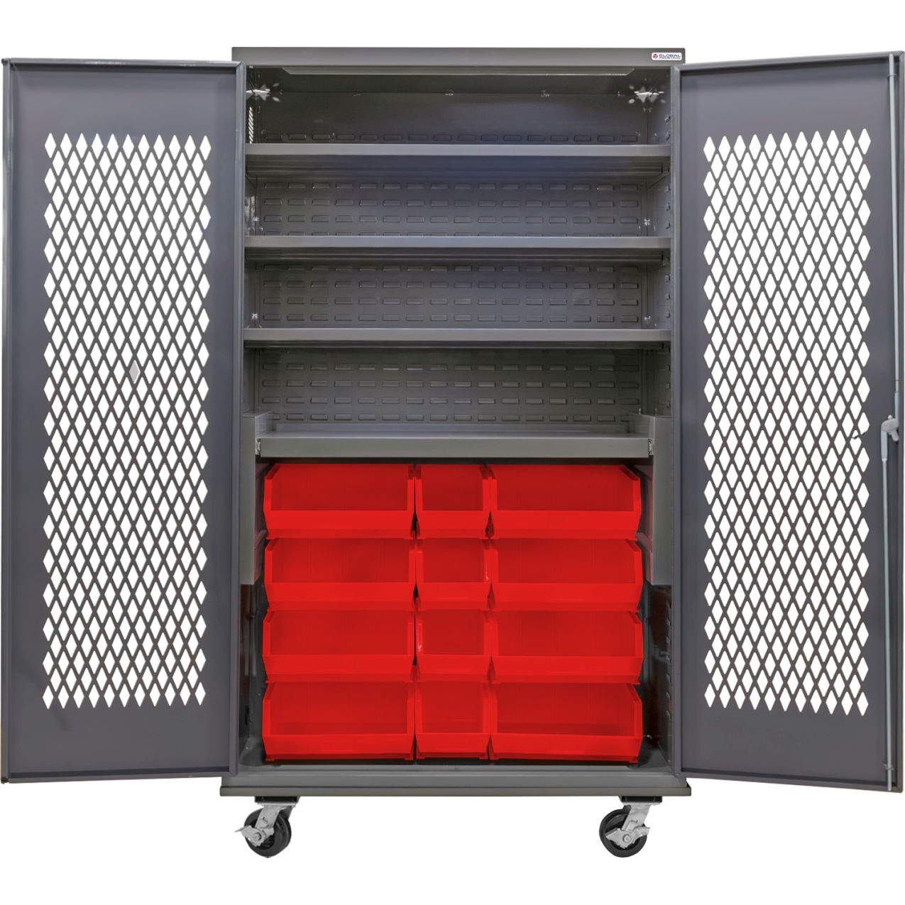 Configurable Ventilated Mobile Bin Cabinet, 48x24x85, 4 Shelves, 24 Red Bins