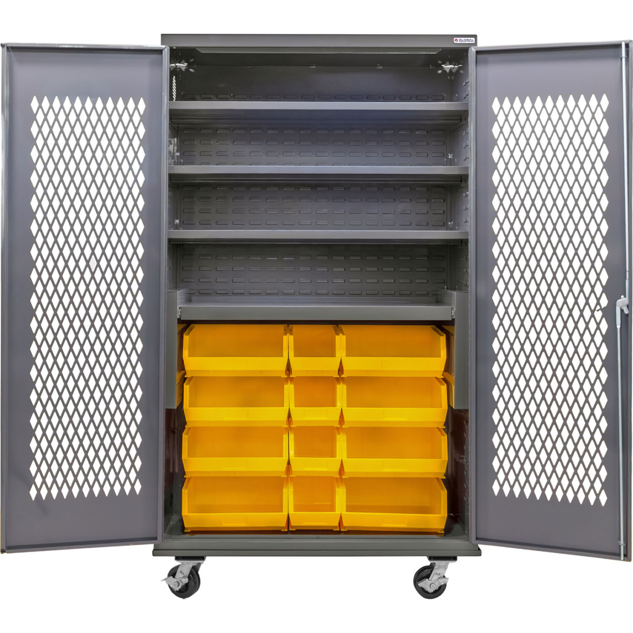 Configurable Ventilated Mobile Bin Cabinet, 48x24x85, 4 Shelves, 24 Yellow Bins