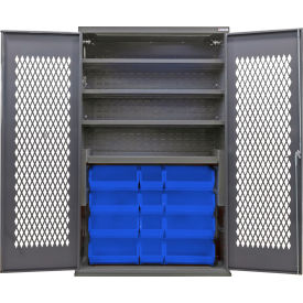 Configurable Ventilated Bin Cabinet, 48"Wx24"Dx78"H, 4 Shelves, 24 Blue Bins