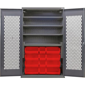 Configurable Ventilated Bin Cabinet, 48"Wx24"Dx78"H, 4 Shelves, 24 Red Bins