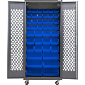 Configurable Ventilated Mobile Charging Cabinet, 36"W x 24"D x 85"H, 66 Blue Bins