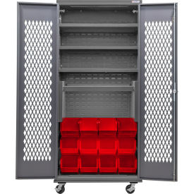 Configurable Ventilated Mobile Charging Cabinet, 36x24x85, 4 Shelves, 12 Red Bins