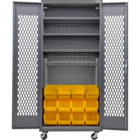 Configurable Ventilated Mobile Charging Cabinet, 36x24x85, 4 Shelves, 12 YLW Bins