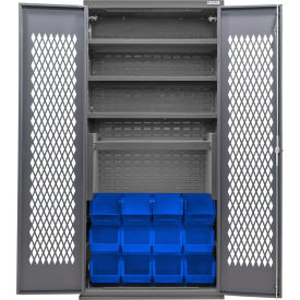 Configurable Ventilated Charging Cabinet, 36x24x78, 4 Shelves, 12 Blue Bins