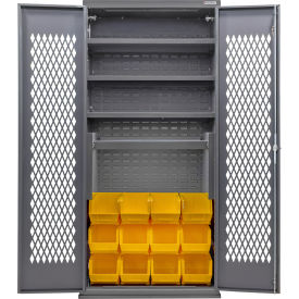 Configurable Ventilated Charging Cabinet, 36"Wx24"Dx78"H, 4 Shelves, 12 YLW Bins