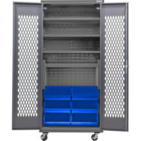Configurable Ventilated Mobile Charging Cabinet, 36"Wx24"Dx85"H, 6 Blue Bins