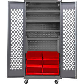 Configurable Ventilated Mobile Charging Cabinet, 36"Wx24"Dx85"H, 6 Red Bins