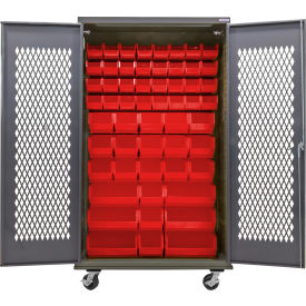 Configurable Ventilated Mobile Charging Cabinet, 48"W x 24"D x 85"H, 66 Red Bins