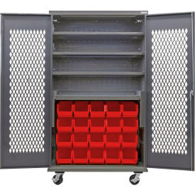 Configurable Ventilated Mobile Charging Cabinet, 48x24x85, 4 Shelves, 24 Red Bins