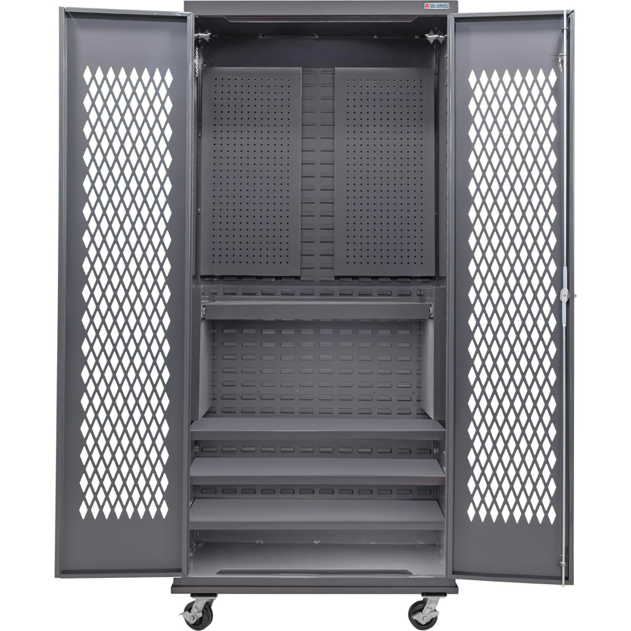 Configurable Ventilated Mobile Pegboard Cabinet, 36"W x 24"D x 85"H, 4 Shelves