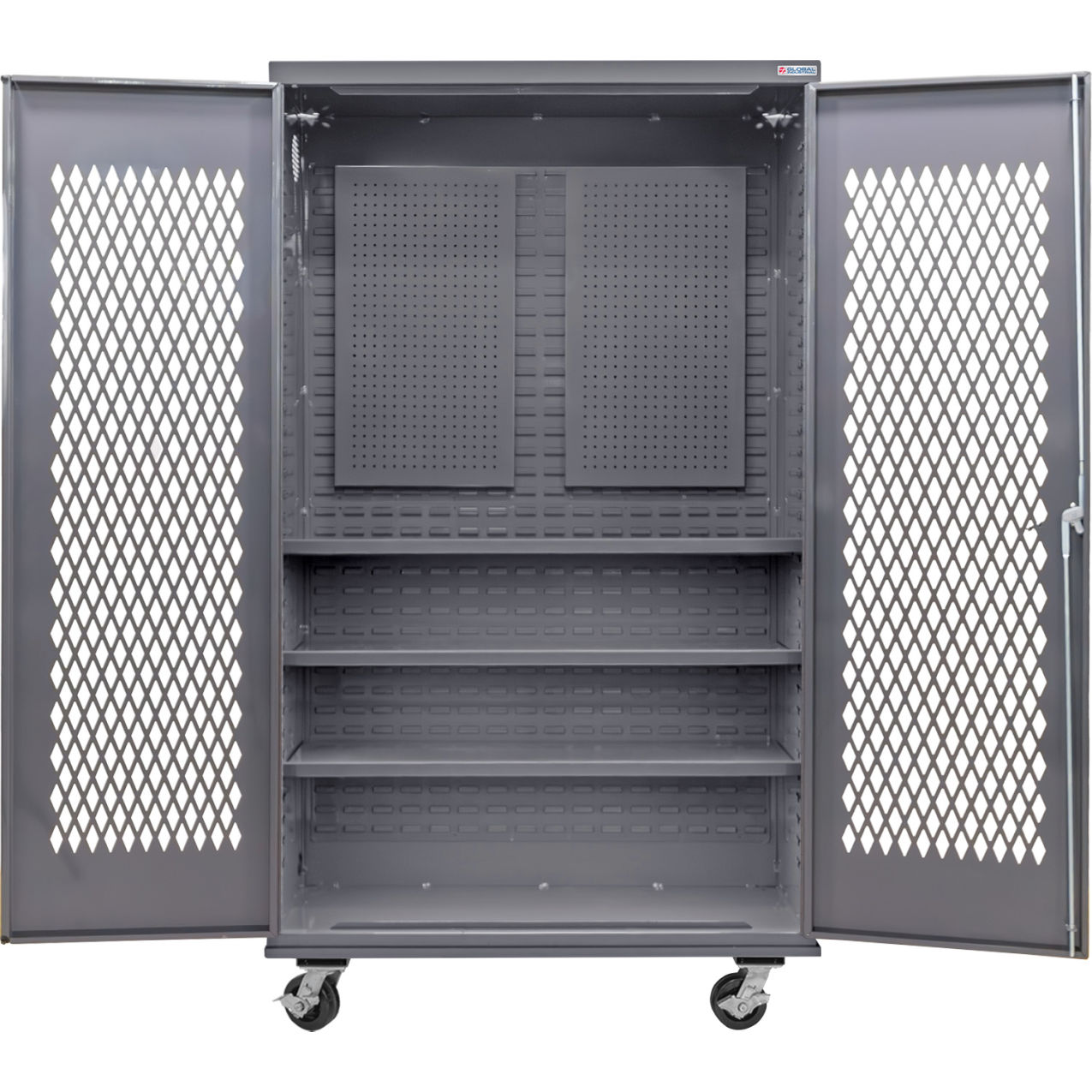Configurable Ventilated Mobile Pegboard Cabinet, 48"W x 24"D x 85"H, 3 Shelves