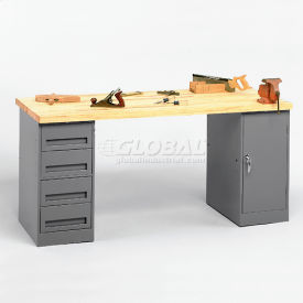 72"W x 30"D Pedestal Workbench 4-Drawer And Cabinet Pedestal