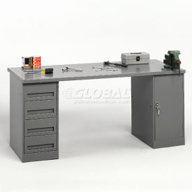 Pedestal Workbench, 4 Drawers & Cabinet, 72"W x 30"D, Gray