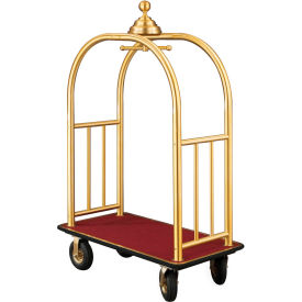 Ball Crown Bellman Cart 48x25 Satin Brass Burgundy Carpet, 4 Black Pneu Wheels