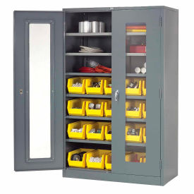 Locking Storage Cabinet Clear Door, 48"Wx24"Dx78"H, 2 Yellow Bins, Unassembled