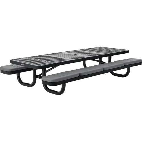 8' Rectangular Picnic Table w/ Seat Cushions, Perforated Metal, Black