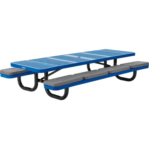 8' Rectangular Picnic Table w/ Seat Cushions, Perforated Metal, Blue