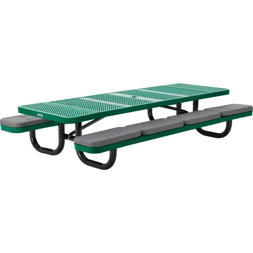 8' Rectangular Picnic Table w/ Seat Cushions, Perforated Metal, Green