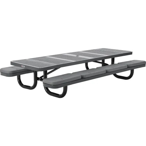 8' Rectangular Picnic Table w/ Seat Cushions, Perforated Metal, Gray