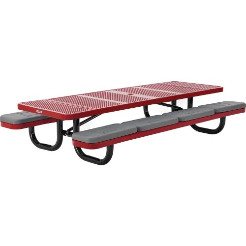 8' Rectangular Picnic Table w/ Seat Cushions, Perforated Metal, Red