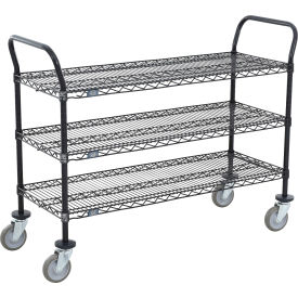 3 Shelf Utility Cart, Black Epoxy, 36"W x 14"D x 39"H, Poly Casters, 4 Swivel