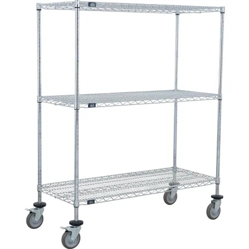3 Shelf Truck, Chrome, 48"W x 24"D x 60"H, Polyurethane Stem Casters, 4 Swivel, 2 Brake