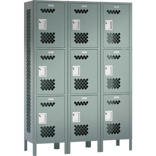 Storage Competitor 3-Tier 9 Door Ventilated Locker with Right-Sided End Panel, Gray, Assembled