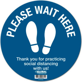 Blue Please Wait Here Floor Sign, 12'' Round, Vinyl Adhesive