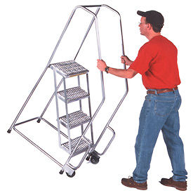 4 Step 24"W Aluminum Tilt and Roll Ladder - Heavy Duty Serrated Grating