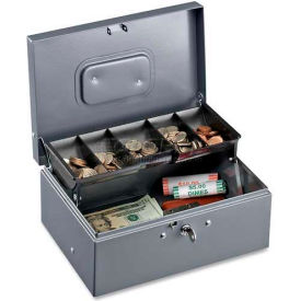 Steel Cash Box with 5 Compartment Tray Keyed Lock, 11-13/32"W x 7-1/2"H x 3-13/32"H, Gray
