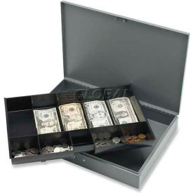 Steel Cash Box with 10 Compartment Tray, Keyed Lock, 10-1/2"W x 15"D x 2"H, Gray