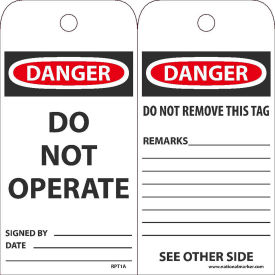 RPT1A Tags, Danger Do Not Operate, 6" X 3", White/Red/Black, 25/Pk